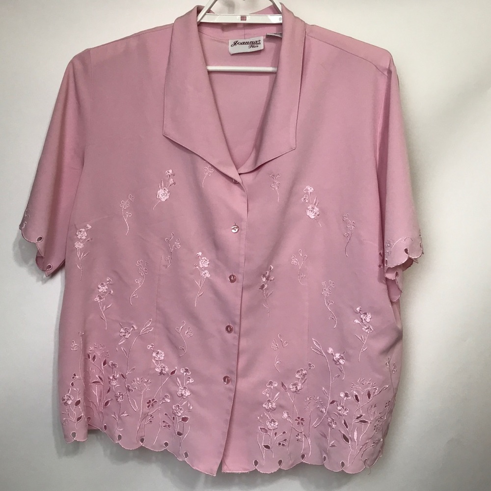Vintage Joanna Plus Womans 1X Pink‎ Embroidered Blouse Button Up